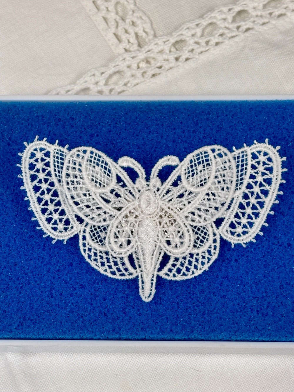 Vintage Belgian Starched Lace Butterfly Brooch. Original Box.